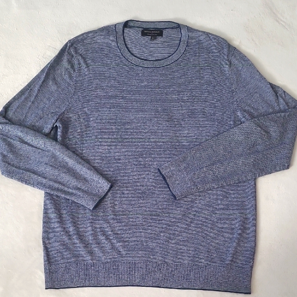 Banana Republic Luxe Yarn Sweater Mens L Blue Stripe Cotton Silk Cashmere Jumper